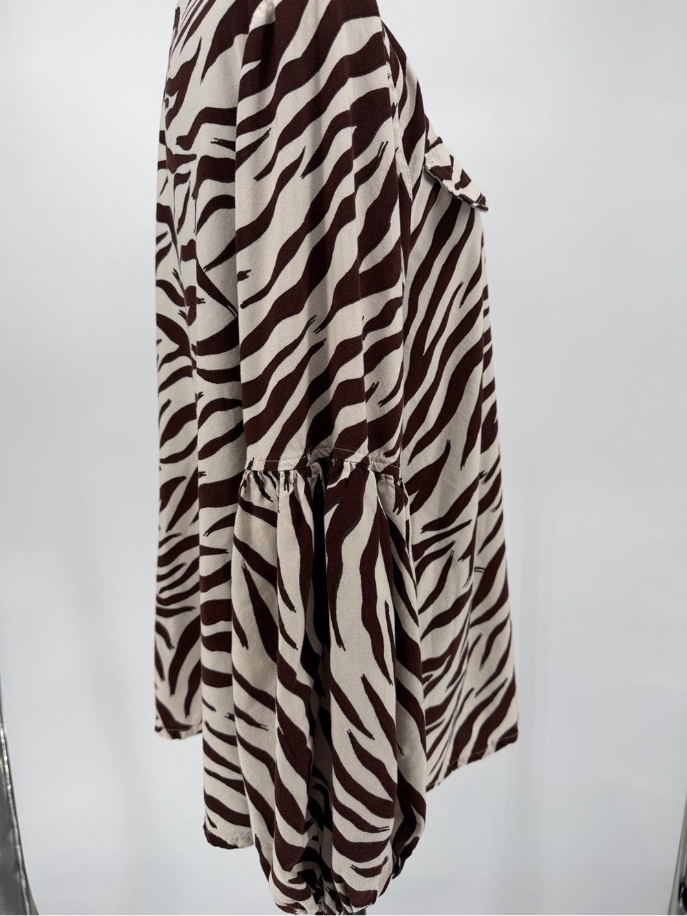 Women's Brown Zebra Print V-Neck Blouse with pockets and ties - Picture 6 of 10